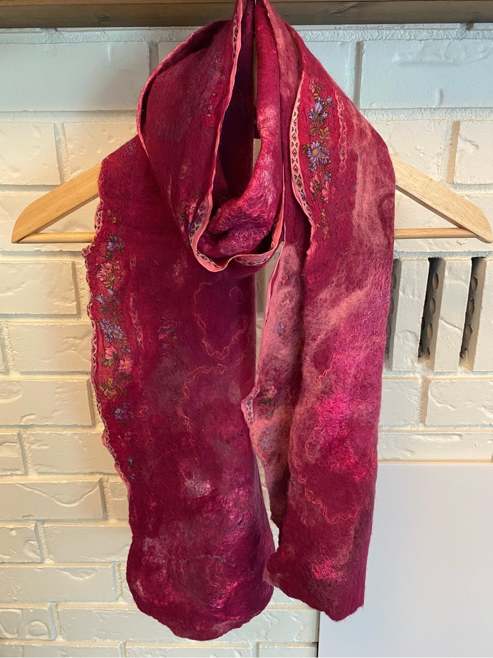 Artisan Felted Wool Silk Scarf Handmade Magenta Fuchsia Shawl Wearable Art OOAK